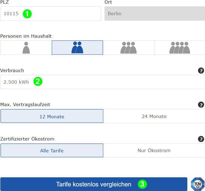 Schritt 1: Postleitzahl und Verbrauch eingeben